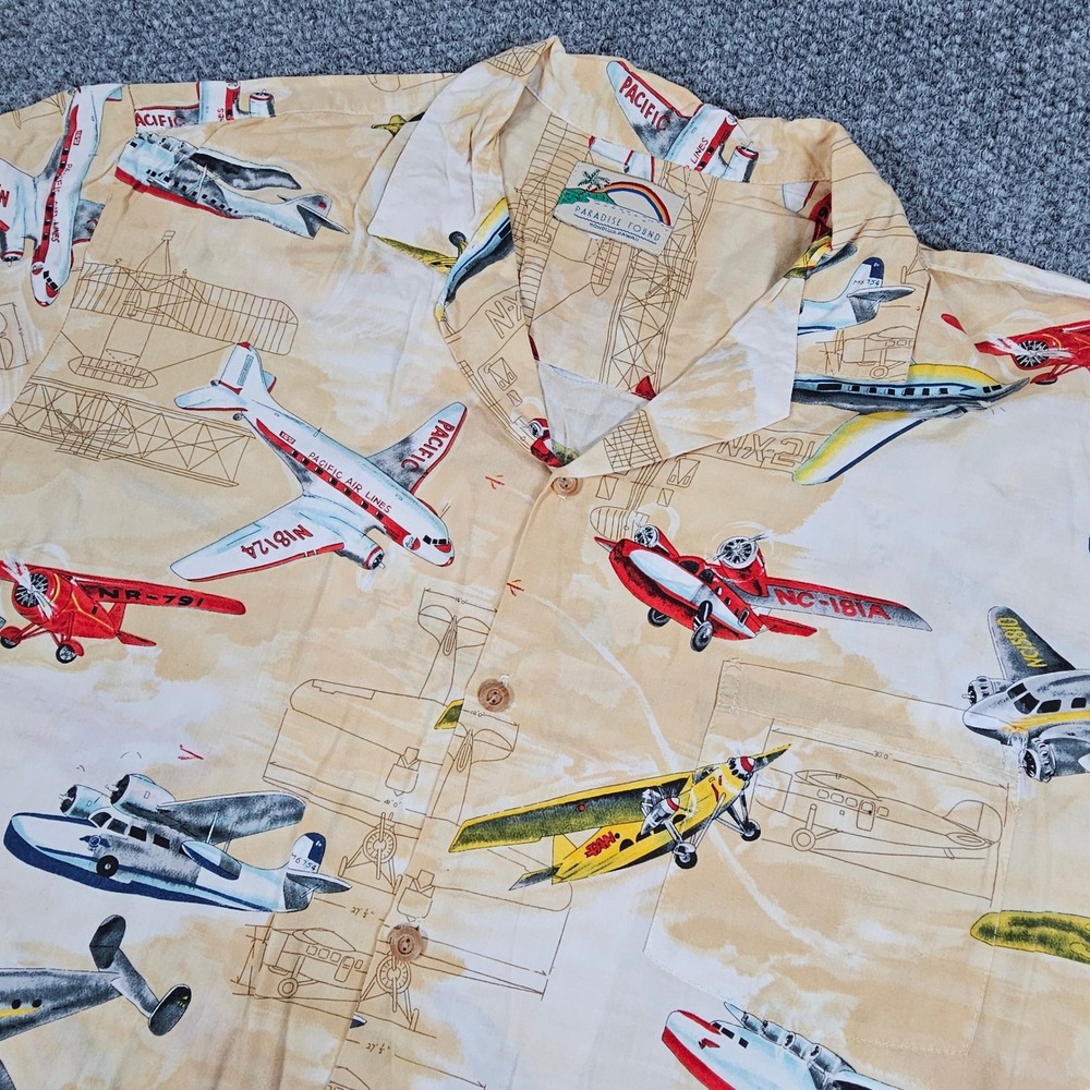 Paradise Found Hawaiian Shirt Men's Short Sleeve Airplane‎ Print Aloha XL